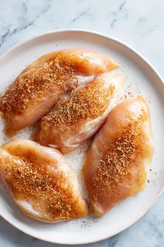 Baked Chicken Breasts – Juicy, Easy & Perfect Every Time 12 Raw chicken breasts on a white plate with seasoning sprinkled on top, ready to bake.