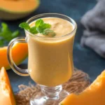 Cantaloupe Smoothie: Creamy, Naturally Sweet, and Refreshing 6 Creamy cantaloupe smoothie in a clear glass mug with fresh mint, surrounded by melon slices and rustic textures.
