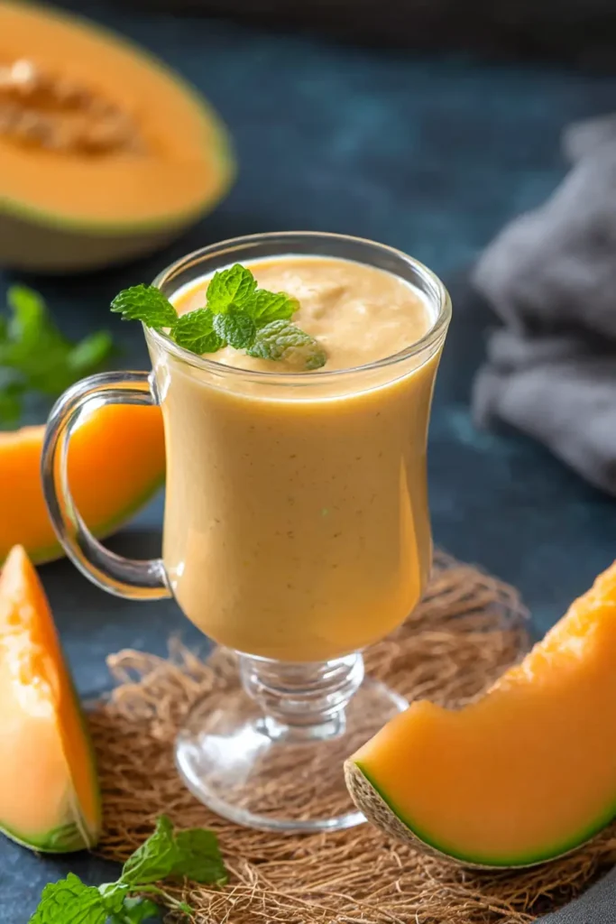 Creamy cantaloupe smoothie in a clear glass mug with fresh mint, surrounded by melon slices and rustic textures.
