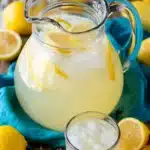Homemade Lemonade Recipe – Fresh, Simple, and Perfectly Balanced 6 Pitcher of homemade lemonade with lemon slices and ice, surrounded by lemons on a rustic wood table