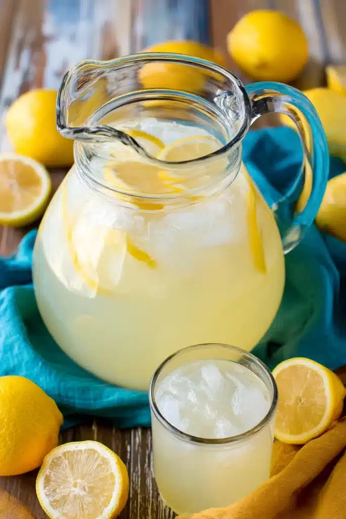 Pitcher of homemade lemonade with lemon slices and ice, surrounded by lemons on a rustic wood table