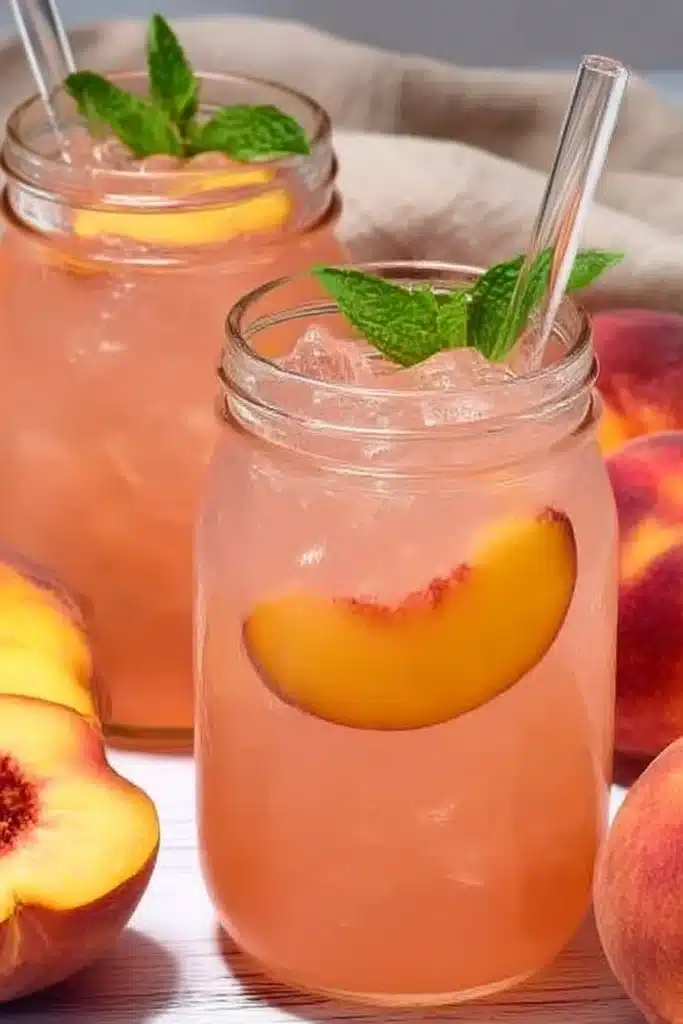 Homemade peach lemonade in mason jars with peach slices, mint, and ice, served with fresh peaches