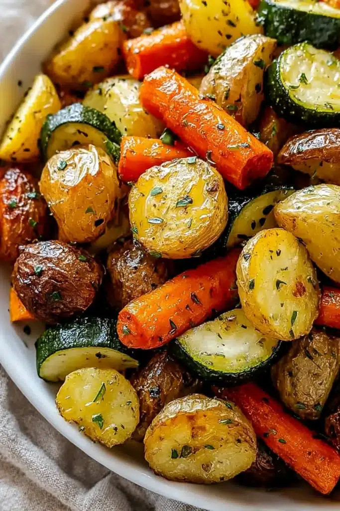 Garlic Herb Roasted Potatoes Carrots and Zucchini – Easy Side Dish 5 Roasted Potatoes Carrots and Zucchini in White Bowl