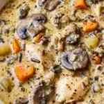 Mushroom Chicken Soup Recipe – Creamy, Hearty & Easy 5 Close-up of creamy mushroom chicken soup with wild rice and vegetables in a white bowl.