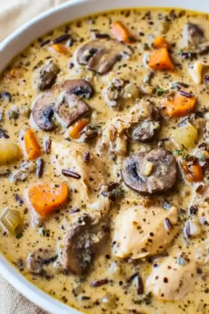 Close-up of creamy mushroom chicken soup with wild rice and vegetables in a white bowl.