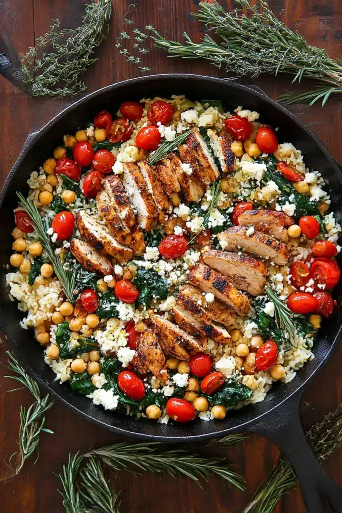 Skillet of Greek Chicken and Lemon Rice with chickpeas, tomatoes, spinach, and feta on a rustic wood table