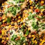 Santa Fe Chicken: Quick & Delicious One-Pan Tex-Mex Favorite 6 Cheesy Santa Fe chicken skillet with black beans, corn, and cilantro in a cast iron pan