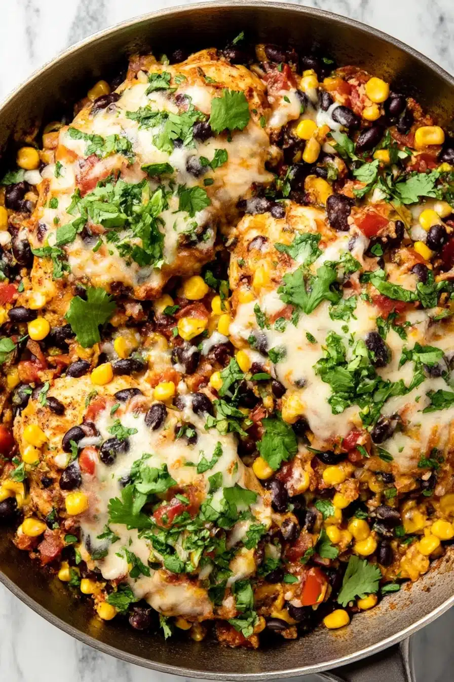 Cheesy Santa Fe chicken skillet with black beans, corn, and cilantro in a cast iron pan
