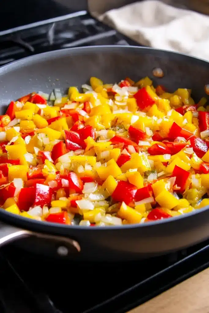 Chopped red and yellow bell peppers sautéing with onions in a skillet, releasing steam over a warm stove

