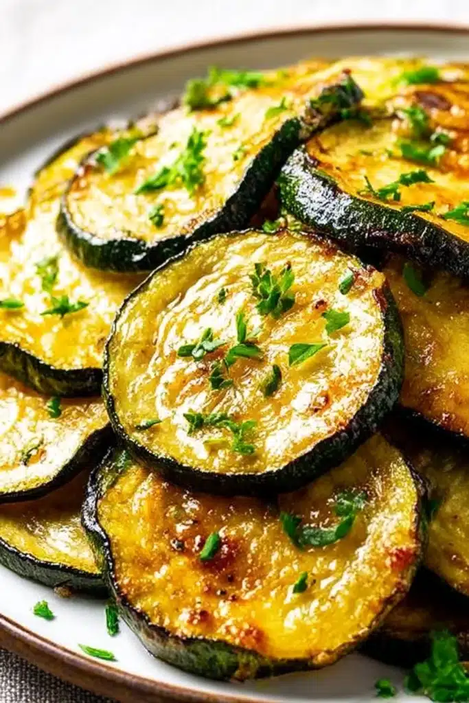 Sautéed zucchini recipe with golden-brown slices, crispy edges, and fresh parsley on top