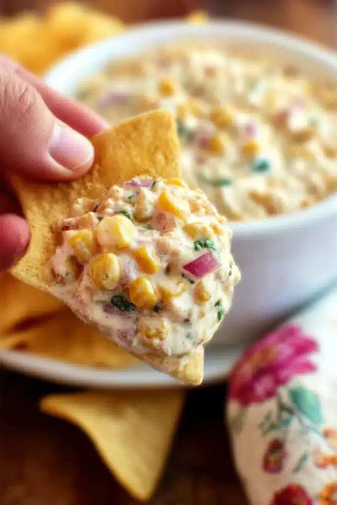 Creamy Corn Salsa – Easy, Crowd-Pleasing & Delicious Dip 8 Hand holding a tortilla chip topped with creamy corn salsa, with a bowl of dip and chips in the background.