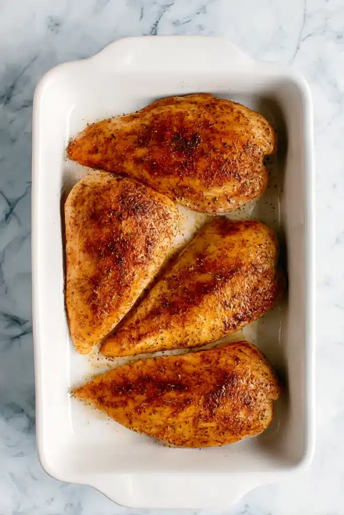 Baked Chicken Breasts – Juicy, Easy & Perfect Every Time 13 Raw chicken breasts coated in seasoning rub, arranged in a white baking dish on marble.
