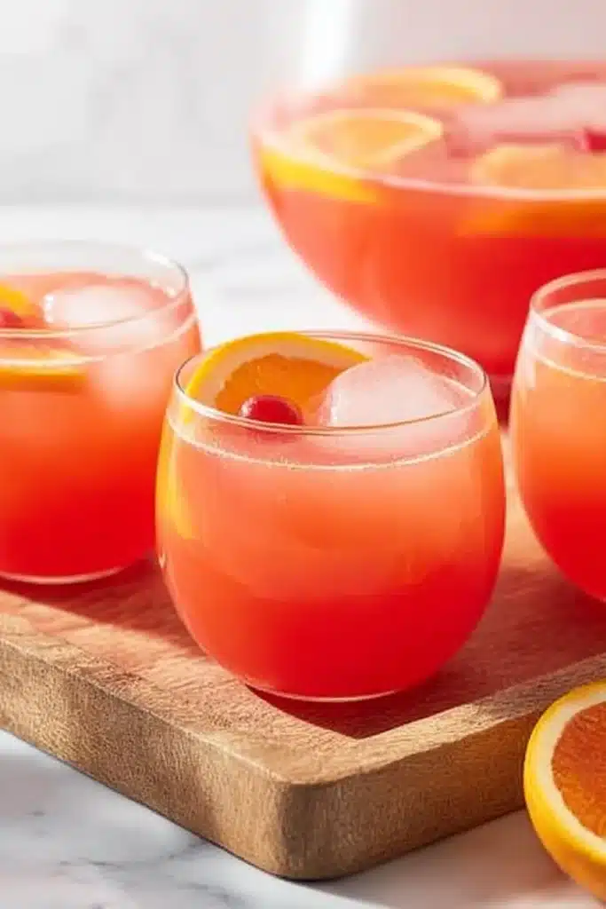 Shirley Temple Party Punch – Easy, Fizzy & Fun Summer Drink 7 Shirley Temple punch served in round glasses with ice and citrus slices on a wooden tray.