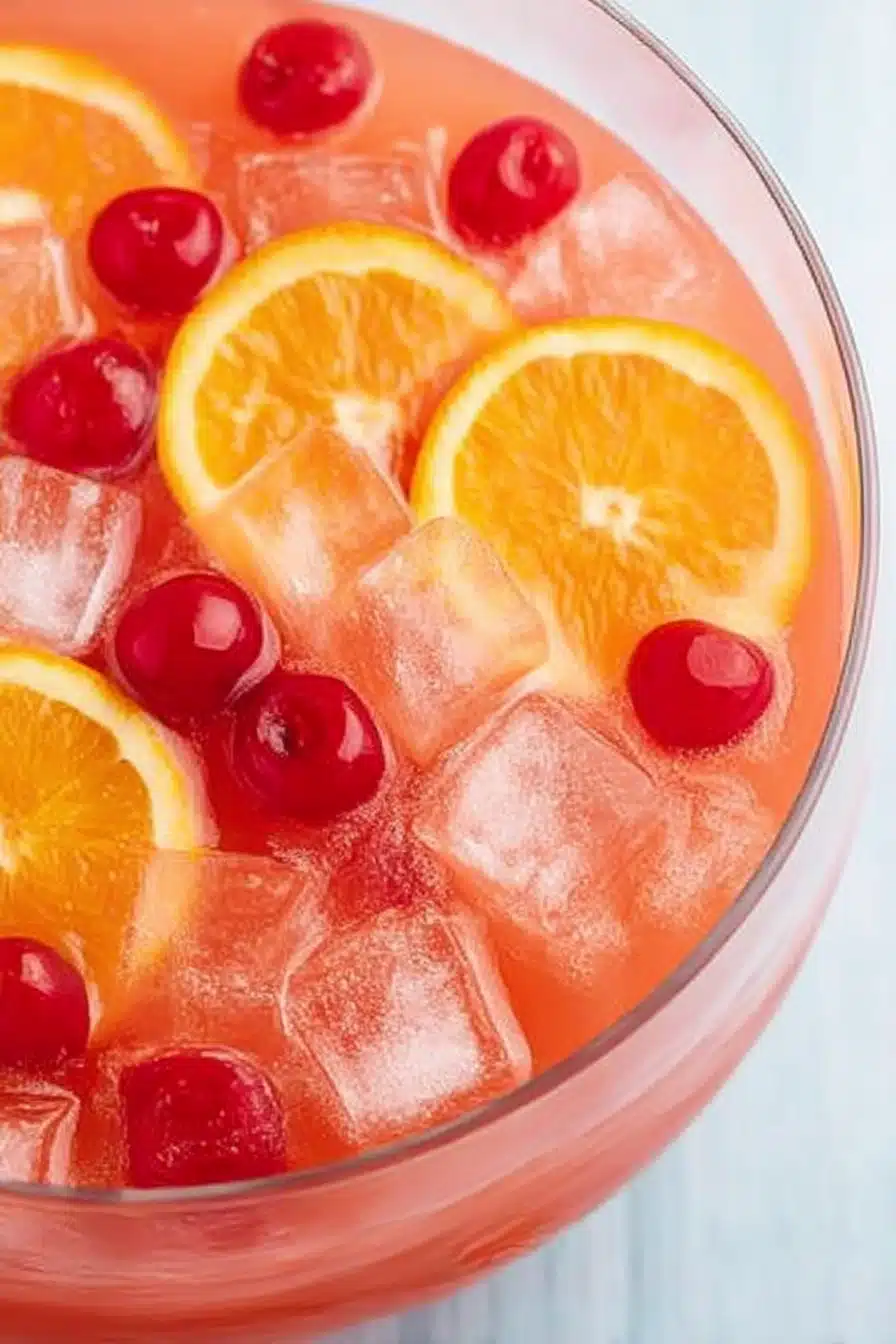 Close-up of Shirley Temple party punch with ice cubes, orange slices, and maraschino cherries in a glass bowl.