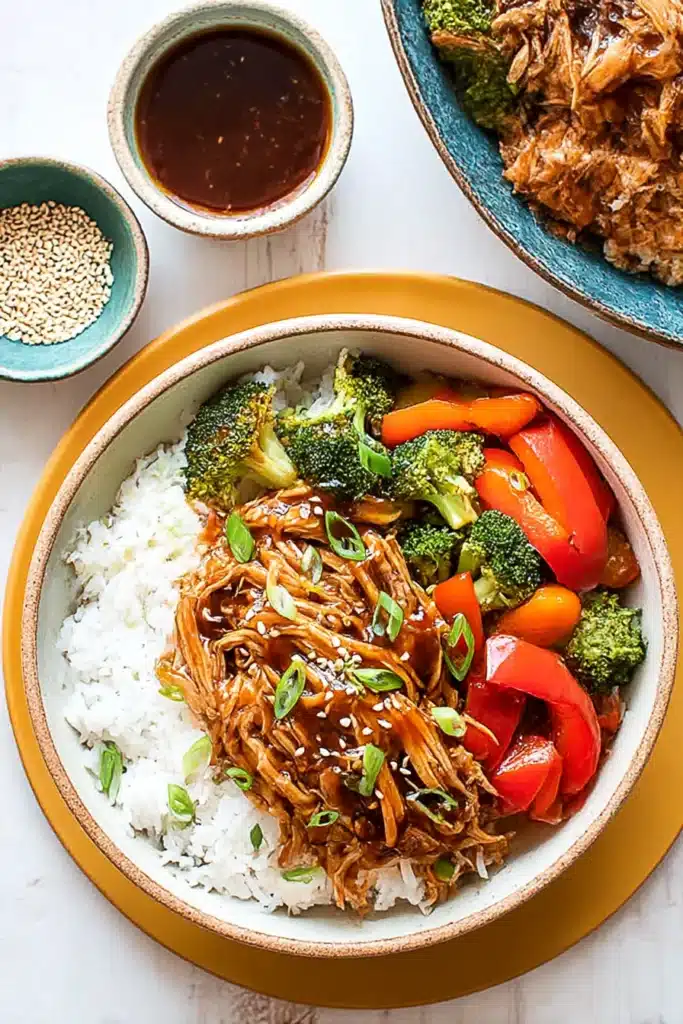 Crock Pot Teriyaki Chicken Recipe – Sweet, Tender & Easy 8 Teriyaki chicken rice bowl with broccoli, bell peppers, and sesame seeds in a ceramic bowl