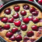 Freshly baked simple cherry cake topped with juicy cherries in a springform pan on a rustic table
