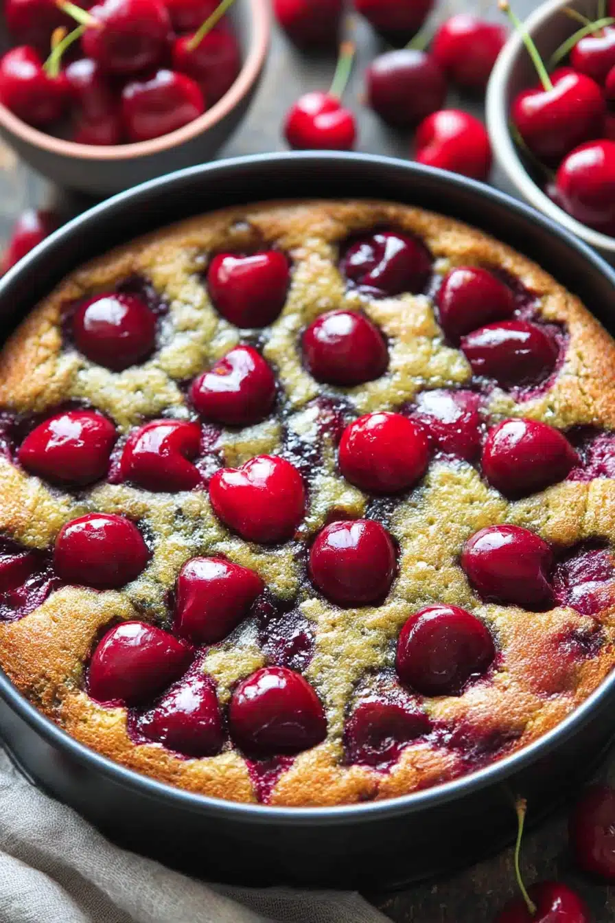 Freshly baked simple cherry cake topped with juicy cherries in a springform pan on a rustic table