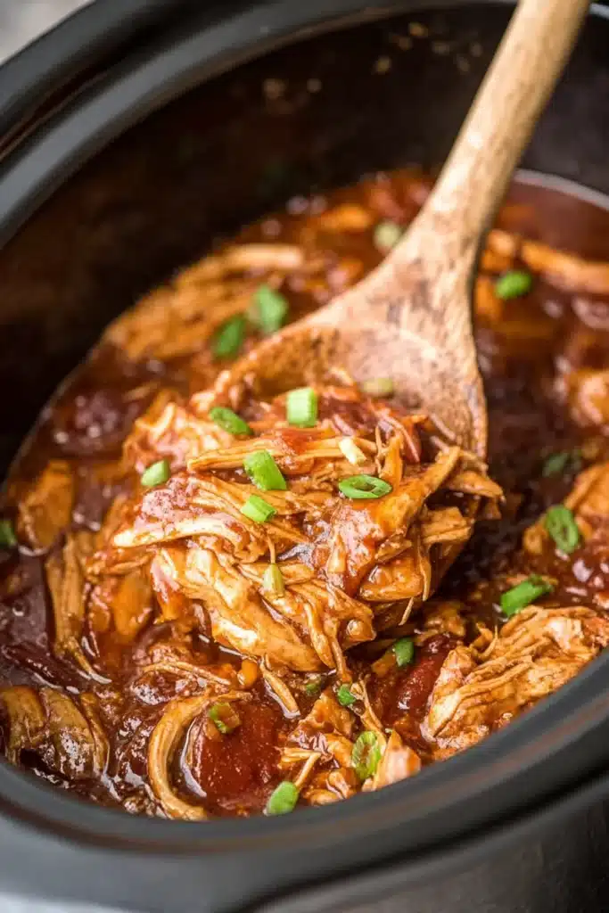 Rustic wooden spoon lifting tender bourbon chicken in sticky sauce from a slow cooker.

