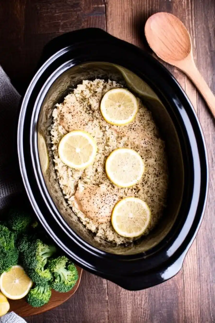 Slow cooker lemon pepper chicken with rice topped with lemon slices, served next to broccoli and rustic kitchen tools.