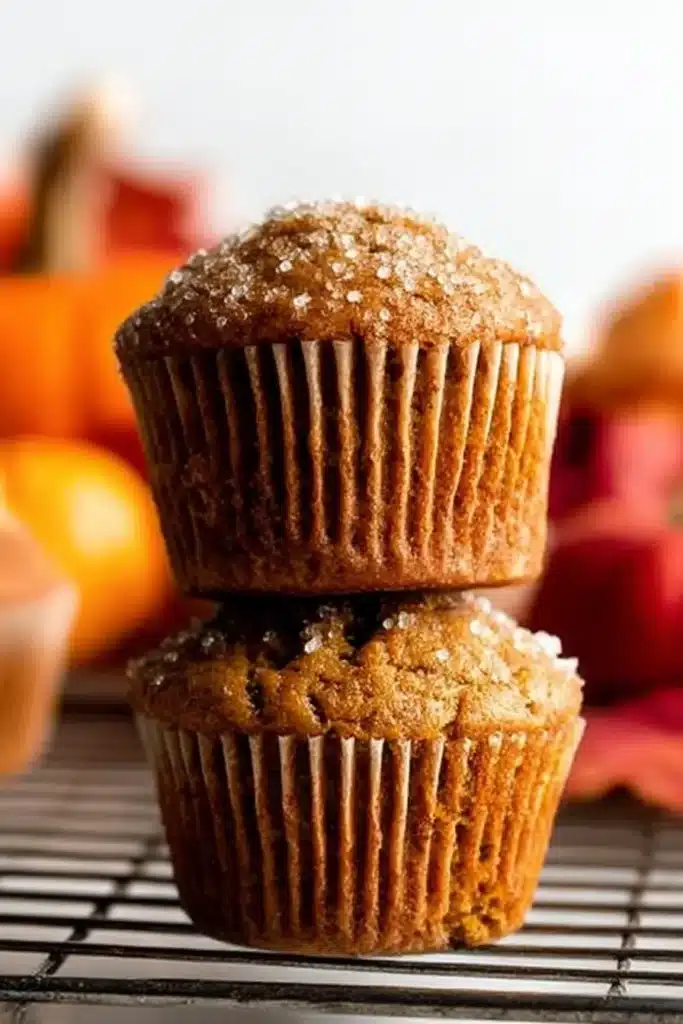 Stacked easy pumpkin muffins with coarse sugar topping on a cooling rack, golden and moist with fall-inspired background