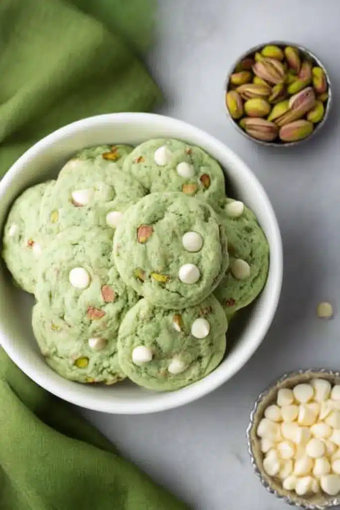 Pistachio Pudding Cookies – Soft, Chewy & Easy to Make 5 Bowl of soft pistachio pudding cookies with white chocolate chips, surrounded by pistachios, white chocolate, and a green napkin on a slate surface.