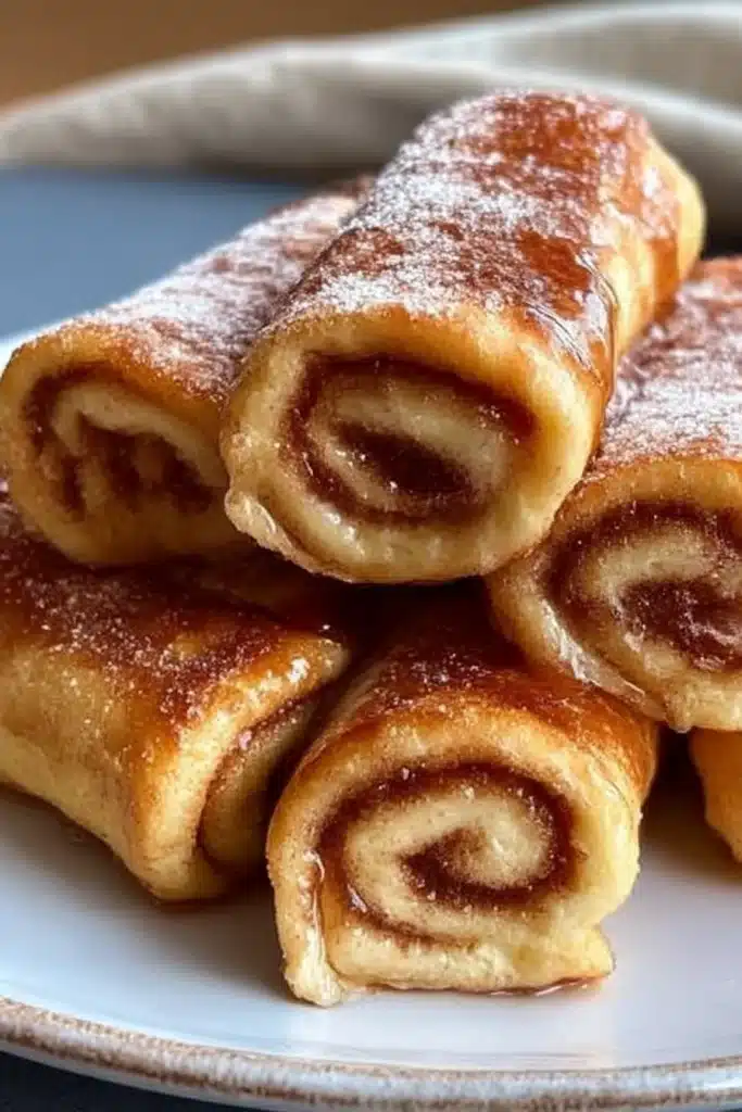 Stacked cinnamon roll French toast roll-ups with cinnamon glaze and powdered sugar on a white plate

