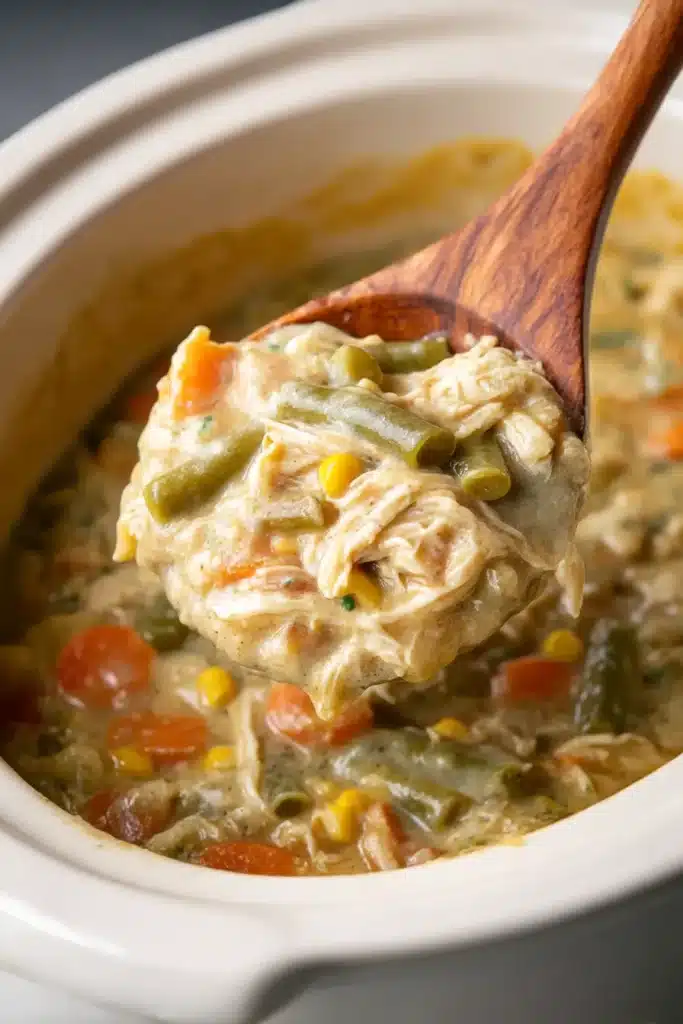 Crock Pot Chicken Pot Pie – Easy, Creamy & Family-Friendly Comfort Food 8 Wooden spoon scooping creamy chicken pot pie filling from a white slow cooker with shredded chicken and vegetables.