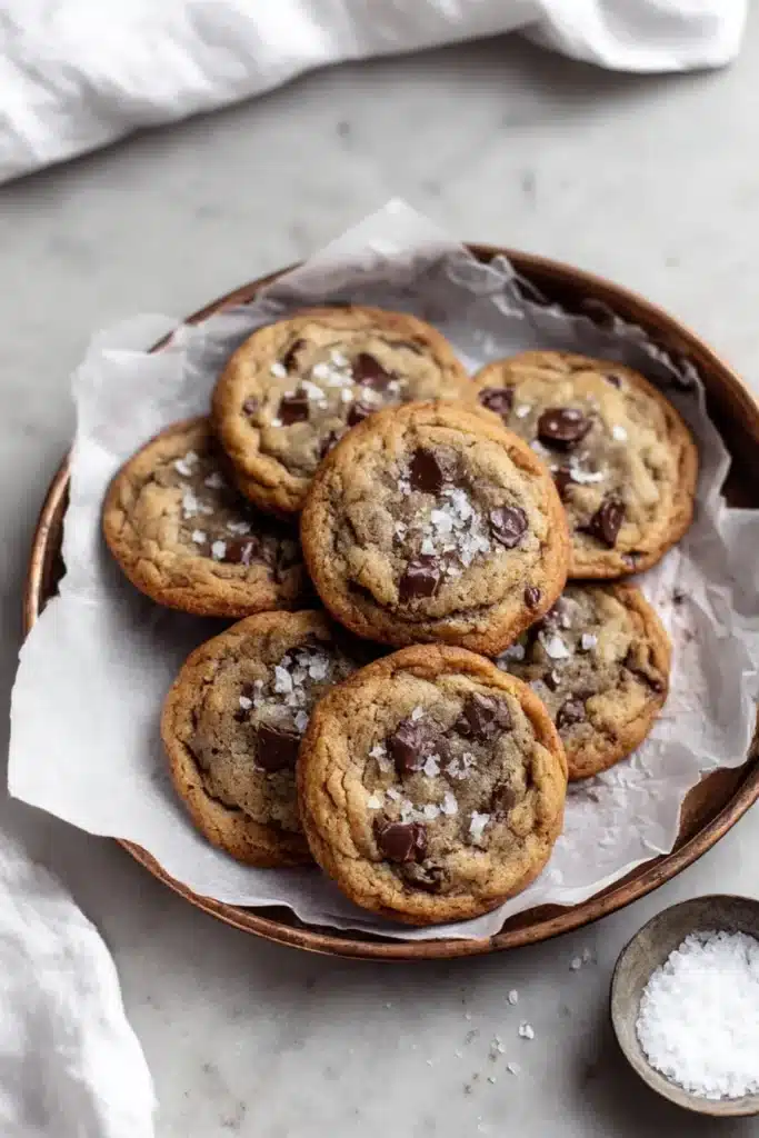 Stack of banana bread chocolate chip cookies in a rustic tray with flaky sea salt, on gray stone with towel and salt bowl

