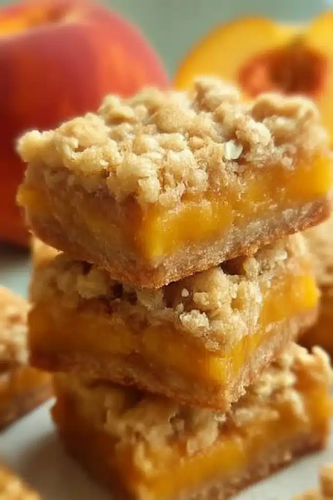 Peach Crumble Bars – Easy, Buttery, and Packed with Juicy Peach Flavor 8 Stack of three peach crumble bars with oat topping and juicy peach filling on a mint linen surface, whole peach in background