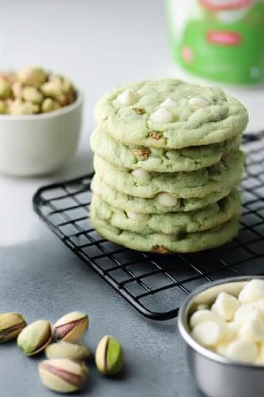 Stack of soft green pistachio pudding cookies with white chocolate chips, placed on a wire rack with pistachios and baking ingredients around.