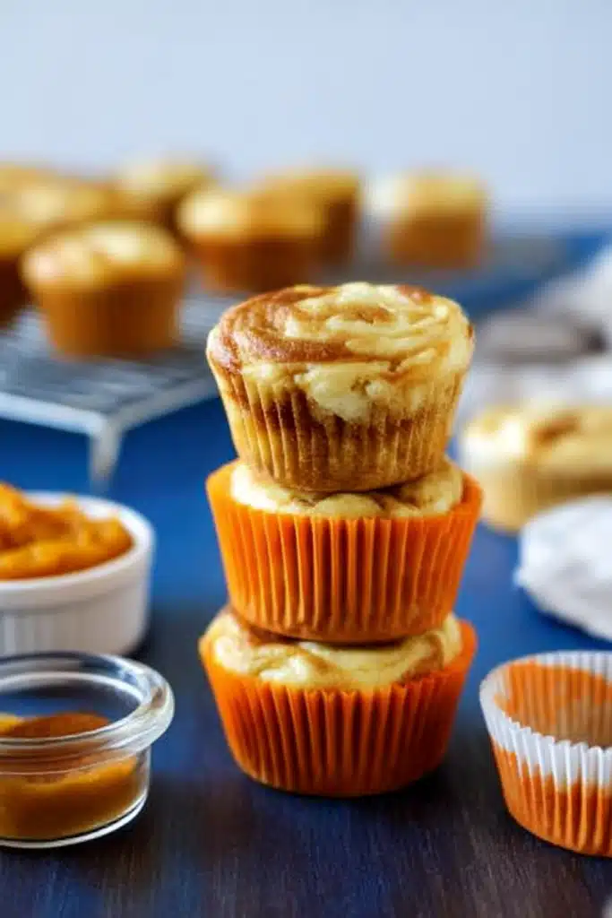 Stack of pumpkin cream cheese muffins with creamy swirled tops, surrounded by pumpkin purée and muffin liners.


