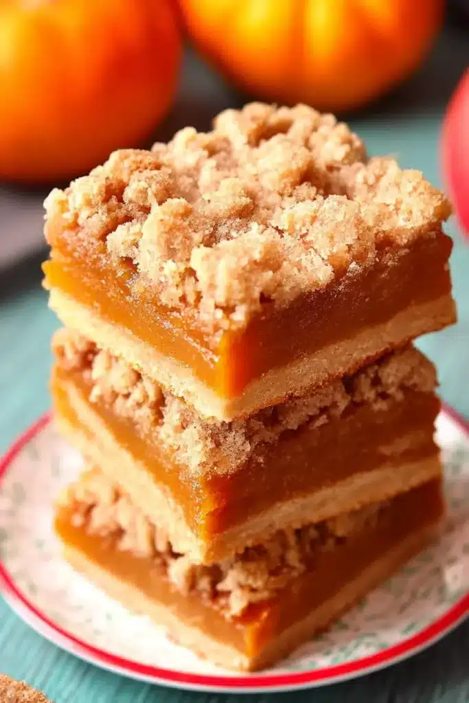Pumpkin Pie Bars – Stunningly Easy & Delicious Fall Treat 8 Stack of three pumpkin pie bars with crumb topping on a patterned plate, fall pumpkins in the background