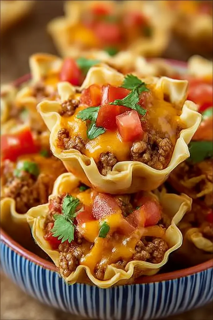Taco Ranch Bites: Deliciously Easy, Irresistible Party Snack Everyone Loves 6 Stacked taco ranch bites in a striped ceramic bowl, filled with beef, cheddar, and tomato