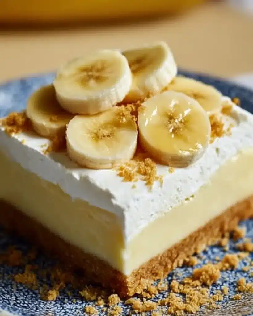 Banana Pudding Cheesecake Bars: Easy & Creamy Dessert Recipe 6 Close-up of banana pudding cheesecake bar with whipped cream, banana slices, and graham cracker crumbs on a plate.
