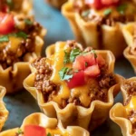 Taco Ranch Bites: Deliciously Easy, Irresistible Party Snack Everyone Loves 7 Mini taco ranch bites with melted cheddar, ground beef, and diced tomatoes in crispy phyllo shells