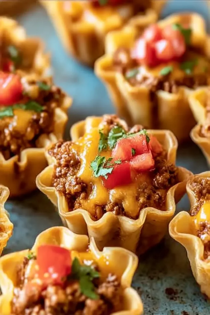 Mini taco ranch bites with melted cheddar, ground beef, and diced tomatoes in crispy phyllo shells