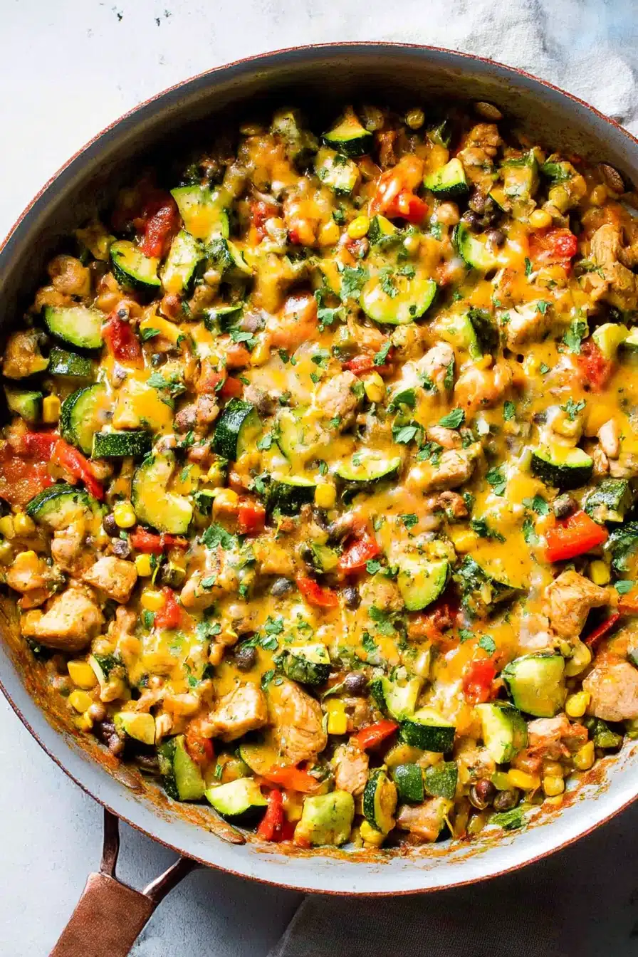 Chicken and zucchini recipe cooked in one skillet with Tex-Mex veggies, melted cheese, and cilantro garnish