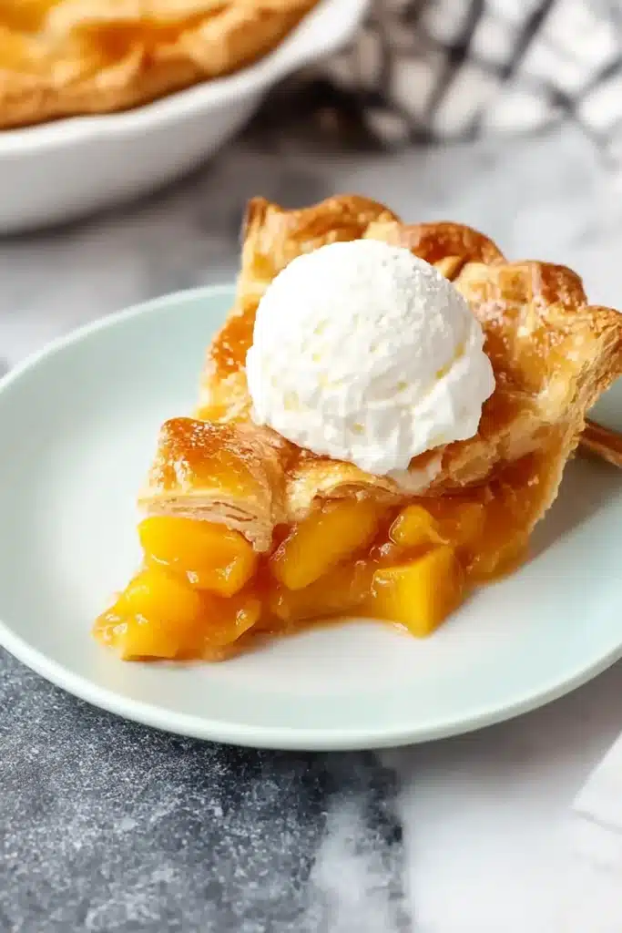 The Best Peach Pie – Gooey, Golden, and Packed with Flavor 8 Slice of peach pie with vanilla ice cream on a white plate