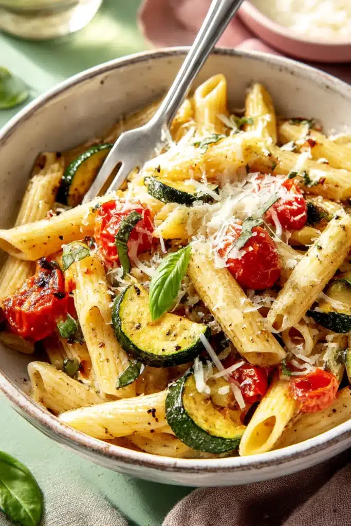Tomato Zucchini Pasta – Quick, Fresh & Easy Recipe 8 Close-up of tomato zucchini pasta with penne, roasted cherry tomatoes, seared zucchini, Parmesan, and fresh basil in a ceramic bowl with a fork.