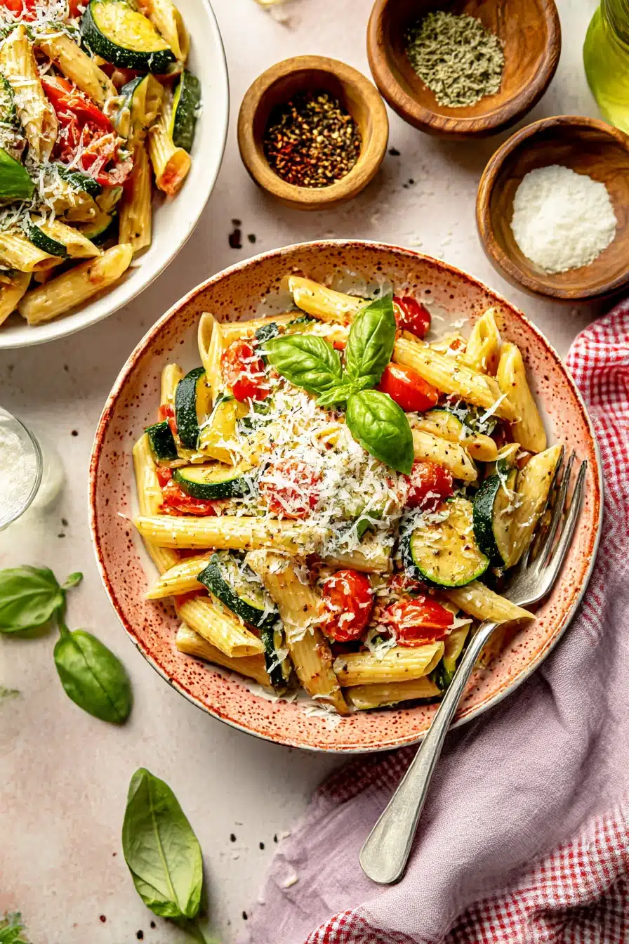 A bowl of tomato zucchini pasta with penne, blistered cherry tomatoes, sautéed zucchini, fresh basil, and grated Parmesan cheese on a ceramic plate.