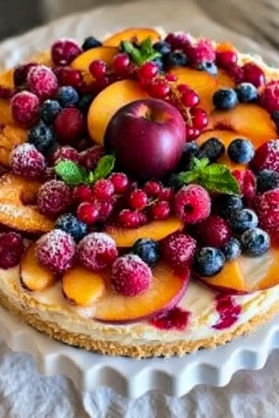 Top view of a summer berry and peach cheesecake with fresh plum, peaches, berries, powdered sugar, and mint on a white cake stand