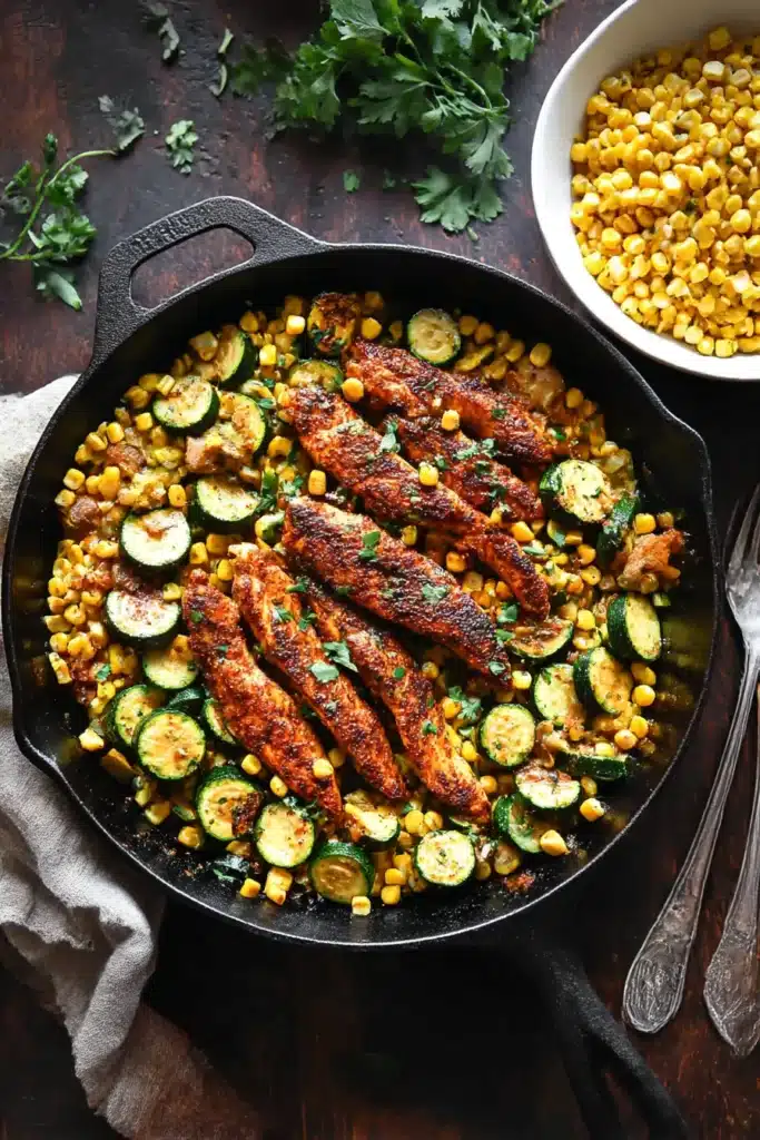 Garlic butter chicken with zucchini and corn in a cast iron skillet, garnished with cilantro and styled with rustic background props

