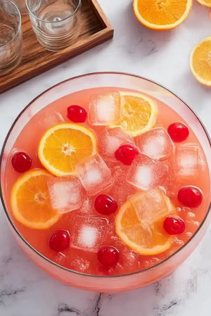 Shirley Temple Party Punch – Easy, Fizzy & Fun Summer Drink 6 Overhead view of Shirley Temple party punch in a glass bowl with orange slices, cherries, and ice on a marble table.