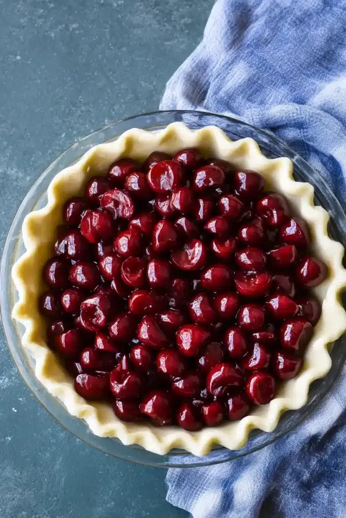 Cherry Crumble Pie – Buttery, Juicy, and Easy to Make 10 Overhead view of a cherry pie crust filled with glossy halved cherries before baking