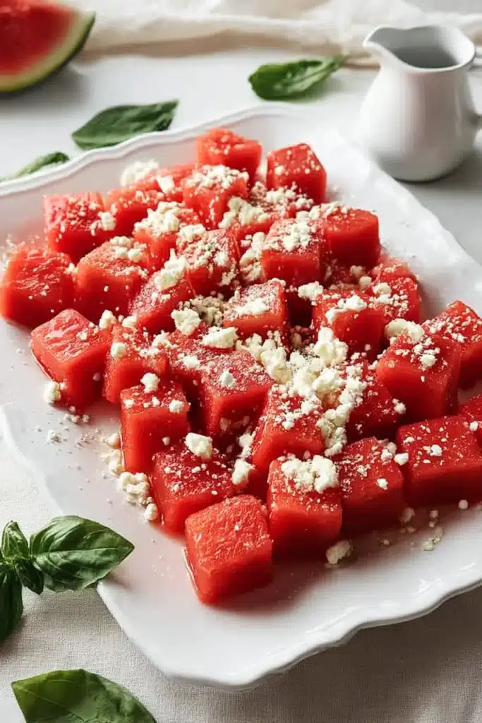 Fresh Watermelon Feta Salad – Light, Juicy, and Summer-Perfect 10 Fresh cubed watermelon topped with crumbled feta cheese on a white platter, styled with basil and served on a soft neutral surface.