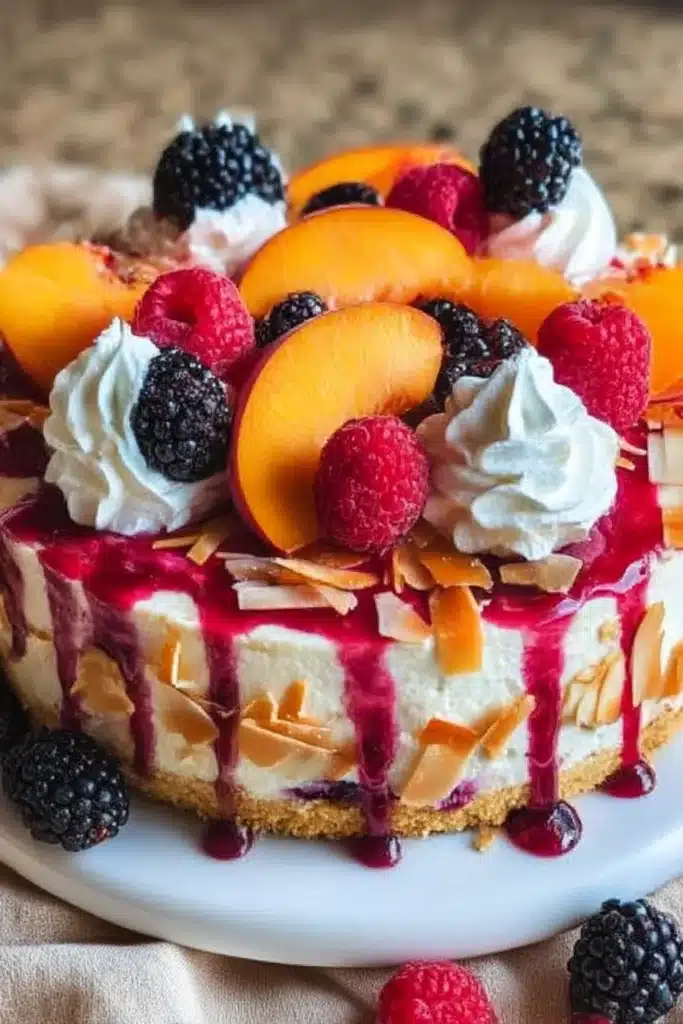 Summer Berry and Peach Cheesecake Recipe for Hot Days 5 Decorated summer berry and peach cheesecake with whipped cream, fresh fruit, and almond flakes on a white cake stand