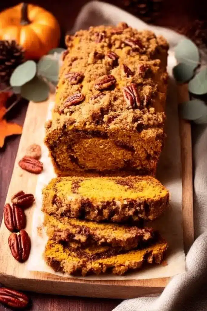 Whole cinnamon swirl pumpkin bread loaf with pecan streusel topping and sliced pieces on a wooden board