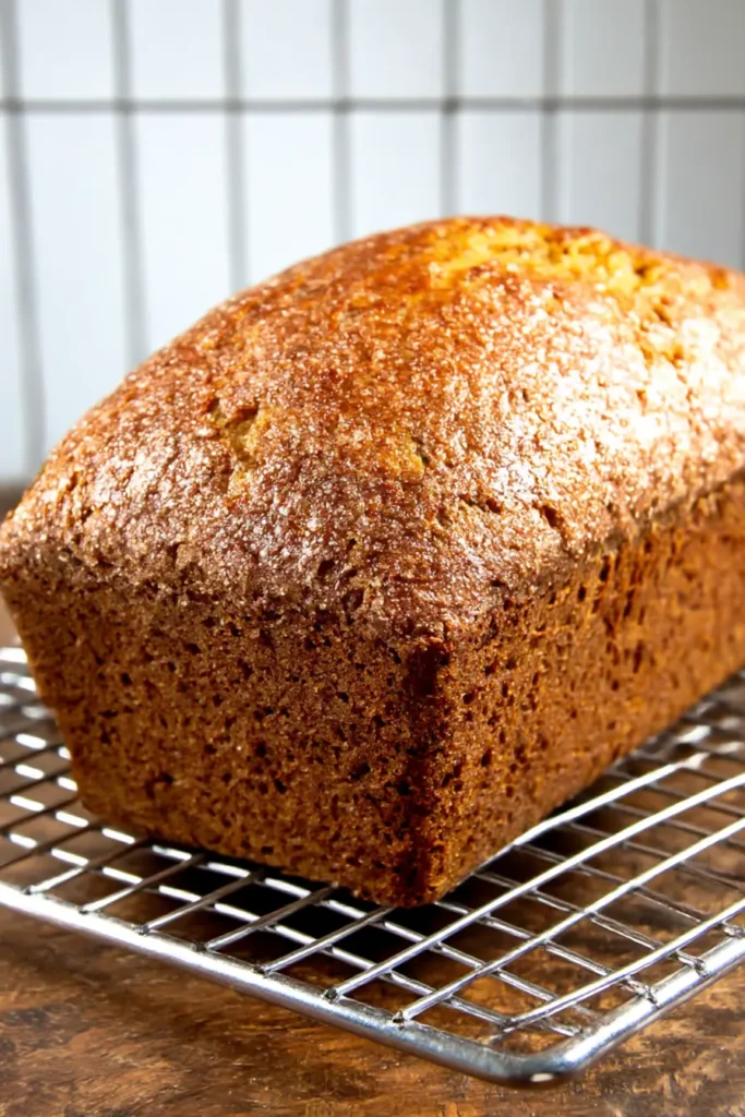 Whole pumpkin bread loaf with golden sugar crust cooling on a rack.

