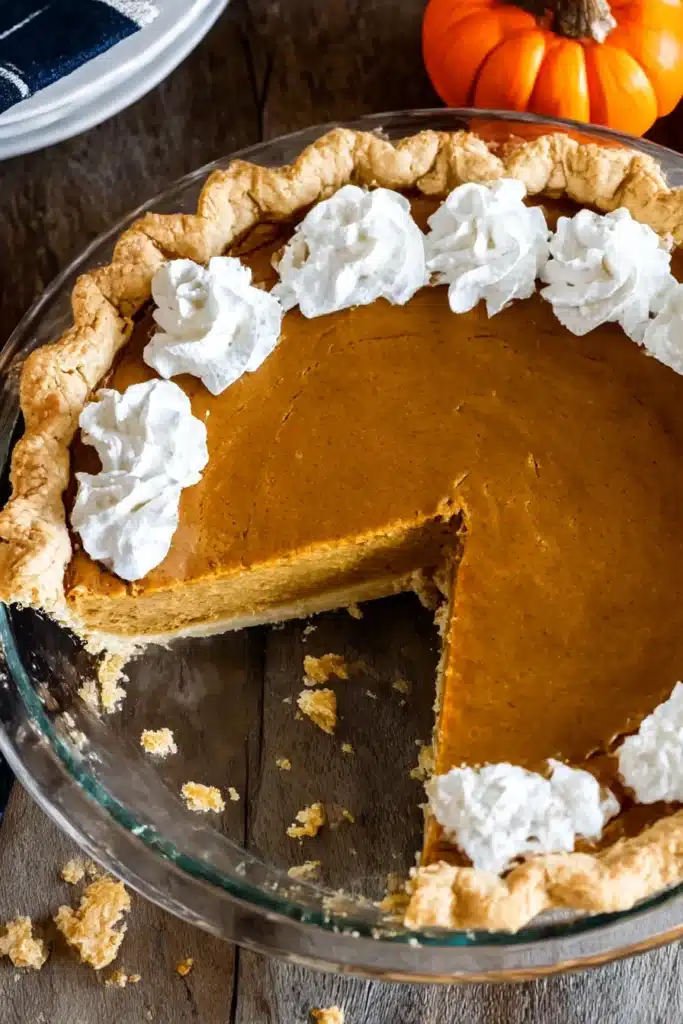 Whole pumpkin pie with one slice removed, topped with whipped cream and flaky crust, in a glass dish on a rustic table


