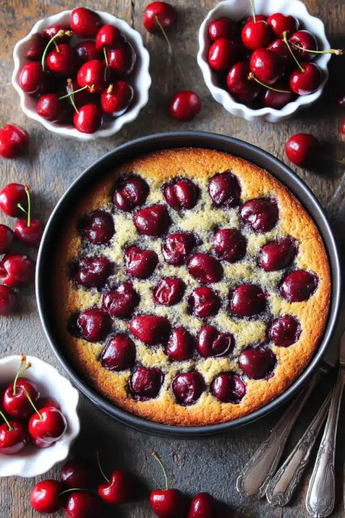 Overhead view of uncut simple cherry cake in a springform pan with fresh cherries and vintage utensils

